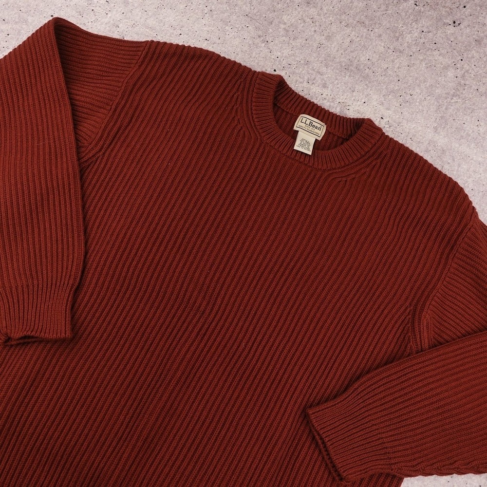 Vintage L.L. Bean Men XL Reddish Orange Shaker Stitch Cotton Fisherman Crew Neck
